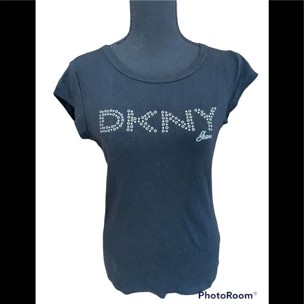 New with tags DKNY black cotton tee logo front done with crystal and grommets, S
